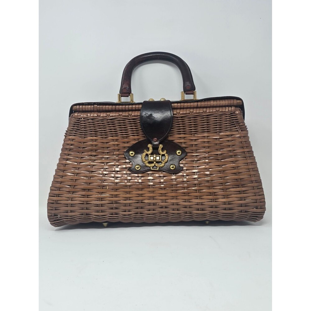Vintage 1960s Woven Wicker Box Purse with Ornate Brass Clasp